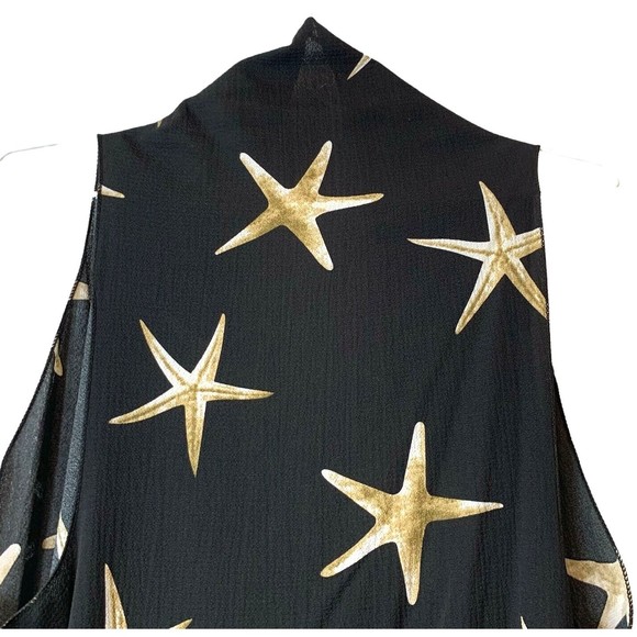 Made in Mexico Sleeveless Long Duster Black Gold Starfish Print Handkerchief Hem - Picture 4 of 5